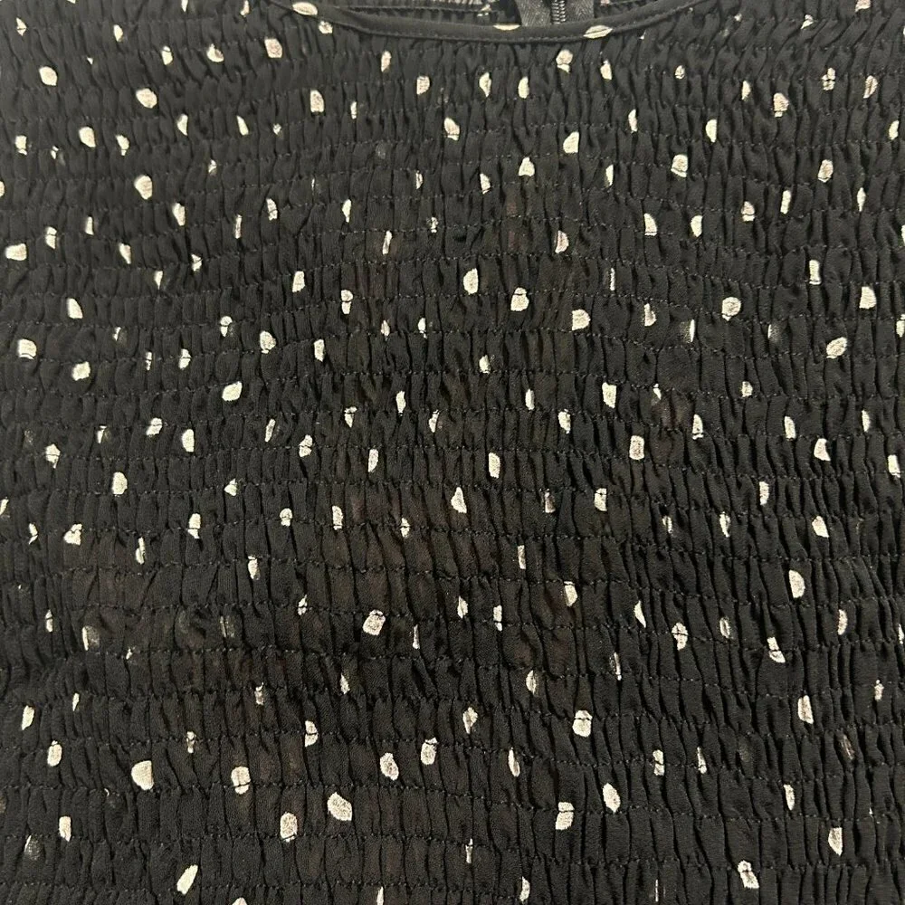 Zara Black and White Polka Dot Smocked Peplum Mesh Blouse Women’s Size Small